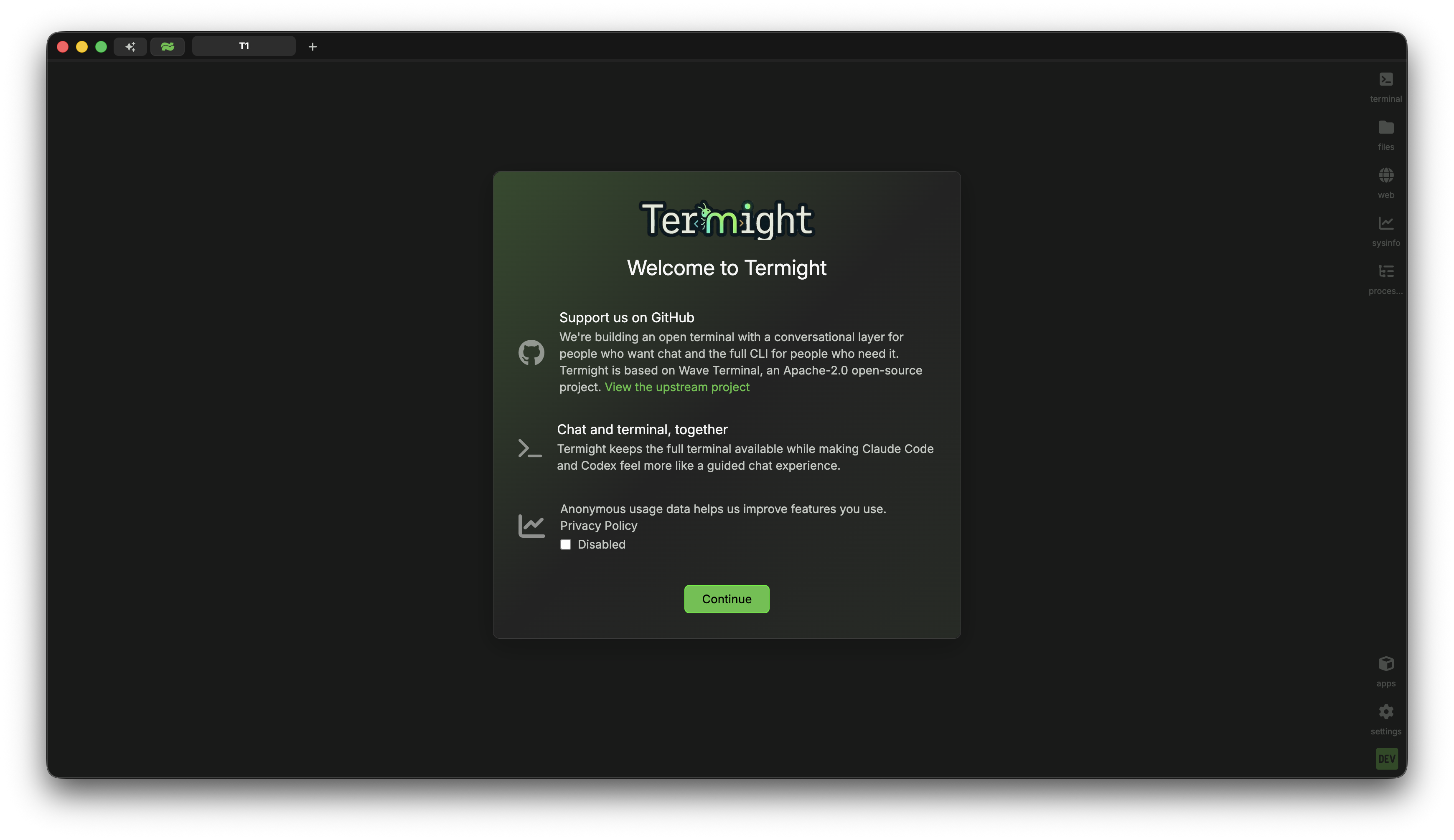 Termight welcome screen.