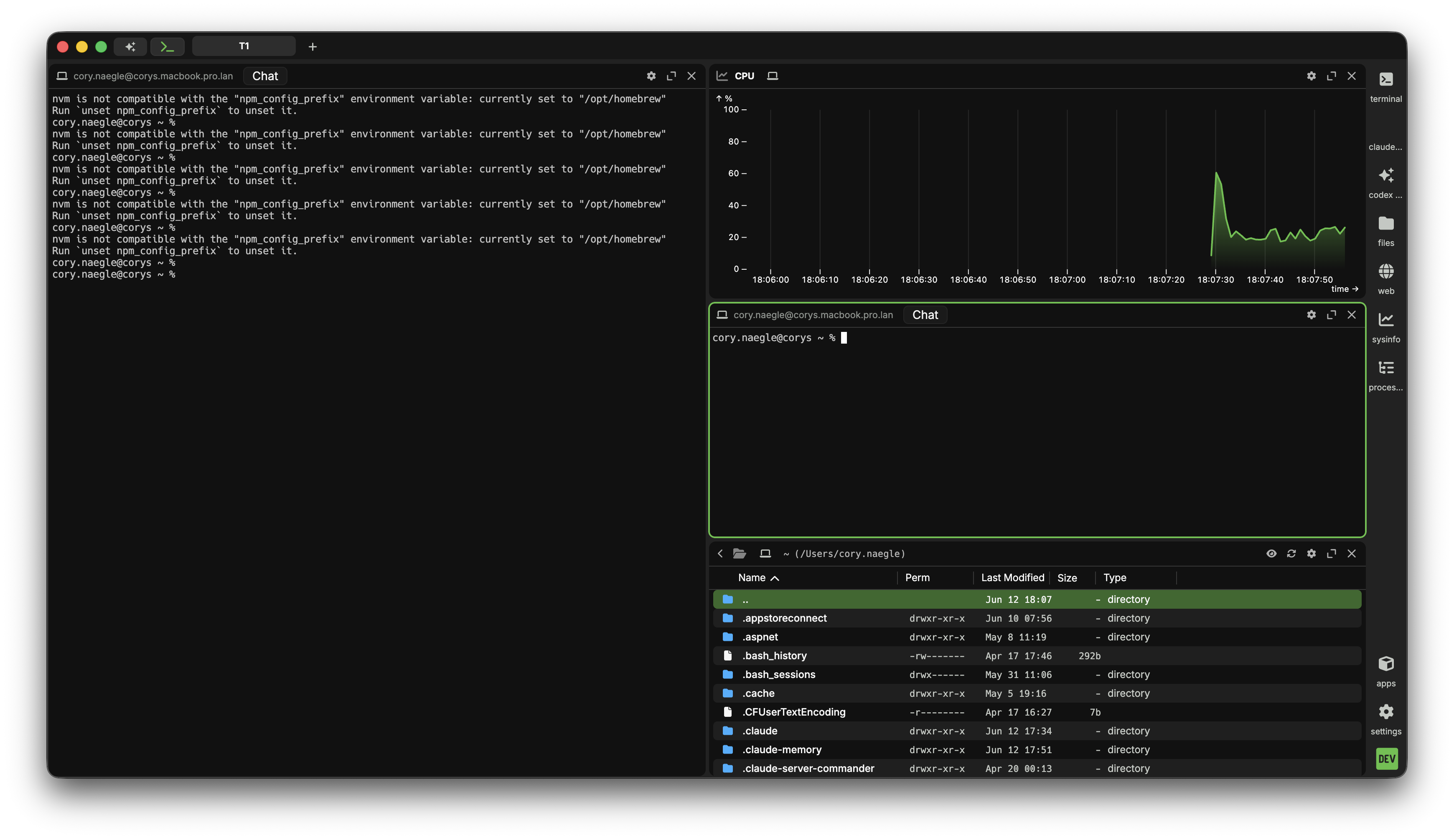 Termight workspace showing terminal, chat, system info, and files.